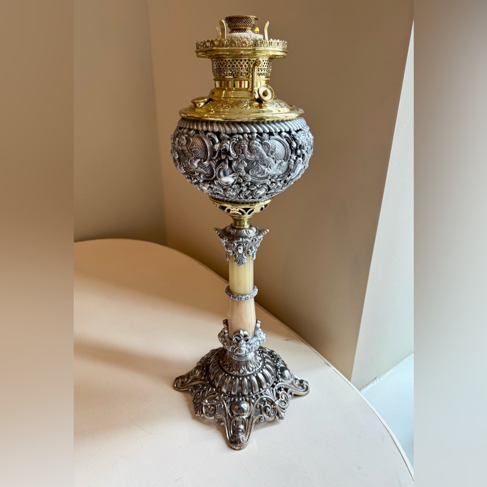 Antique Embossed Cherub-Miller Juno-Brass with Marble Columns Oil Lamp 1895
